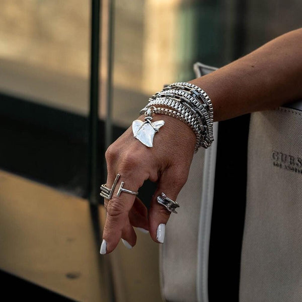 Great White Shark tooth wrap bracelet, Edgy multi layered stacked chain bracelets, oxidized silver rock style jewelry
