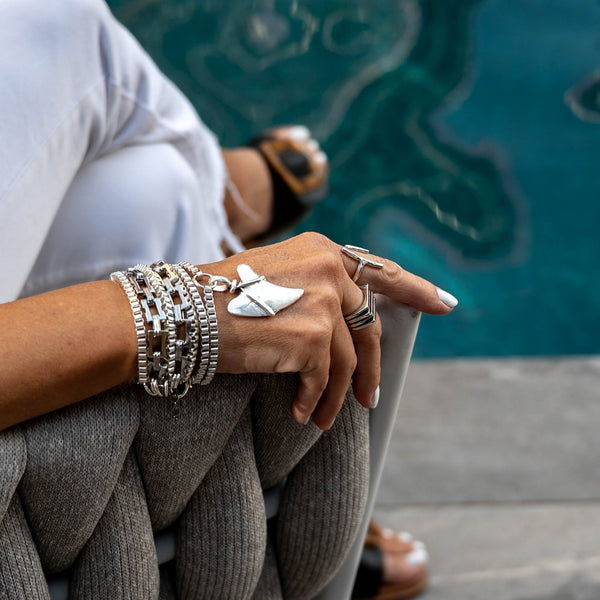Great White Shark tooth wrap bracelet, Edgy multi layered stacked chain bracelets, oxidized silver rock style jewelry