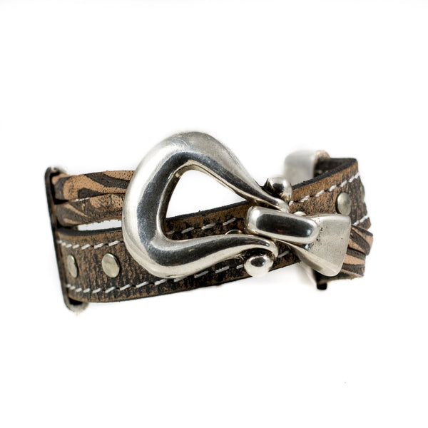 Vintage leather Bracelet with bold buckle, Statement cuff bracelet