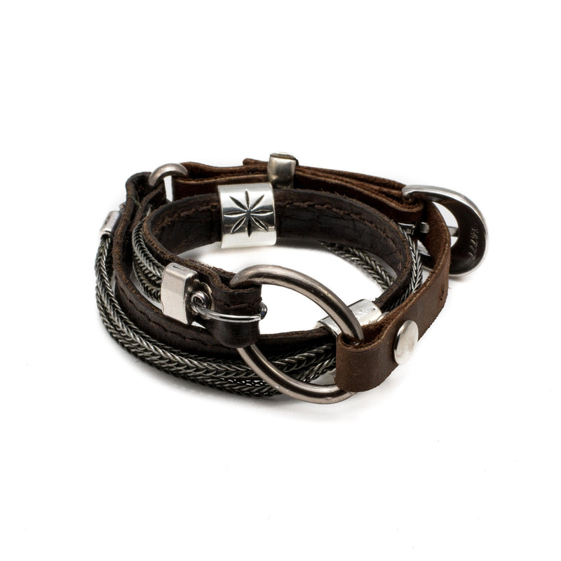 Bracelet with soft dark brown stitched leather and iron chains, unisex leather bracelet, double wrap leather bracelet, rock style bracelet