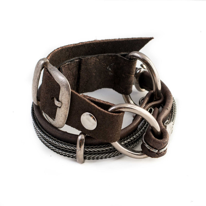 Bracelet with soft dark brown stitched leather and iron chains, unisex leather bracelet, double wrap leather bracelet, rock style bracelet
