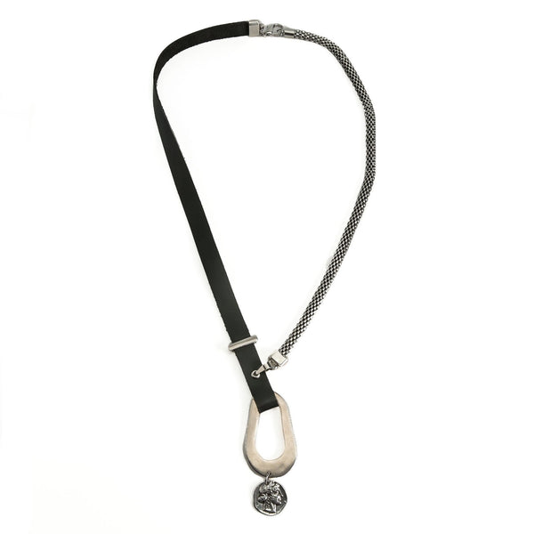 Edgy soft black leather Necklace with irregular shaped design and coin pendant, Gift for Christmas, Standout necklace
