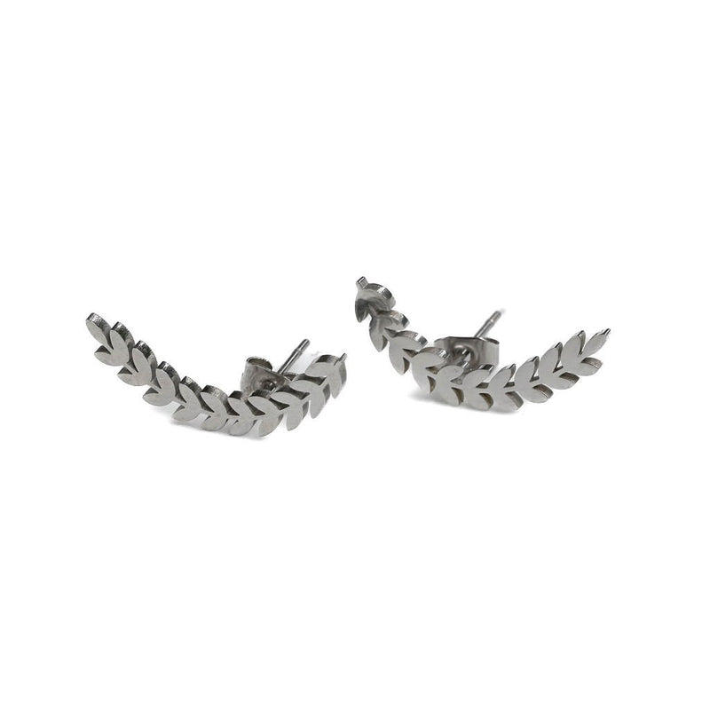 Elegant Silver Leaf Earrings Set, Stainless steel minimalist ear studs with pearl, Classy lightweight wheat earrings, Double piercing set
