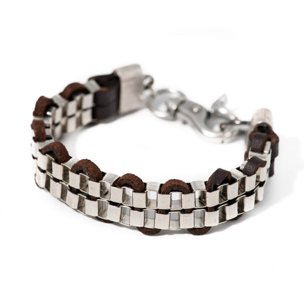 Men's double chunky box chain bracelet interwoven with dark brown leather for a strong look, gift for him, strong chain bracelet for men