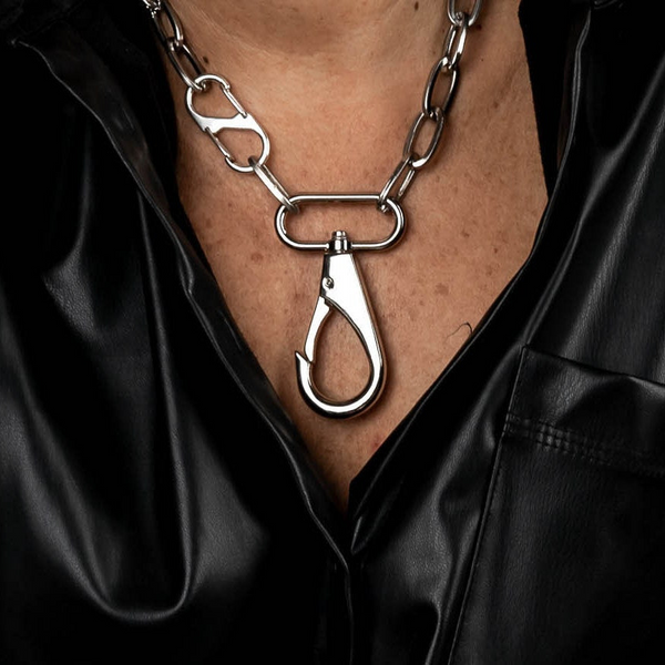 Chunky Industrial Style Lobster Clasp, Keychain Choker Necklace, Bold Silver Tone Lobster Keyring Pendant Choker Necklace