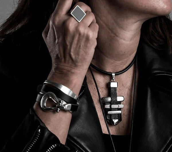 Wrap black leather bracelet with design buckle, Bold leather and metal bracelet
