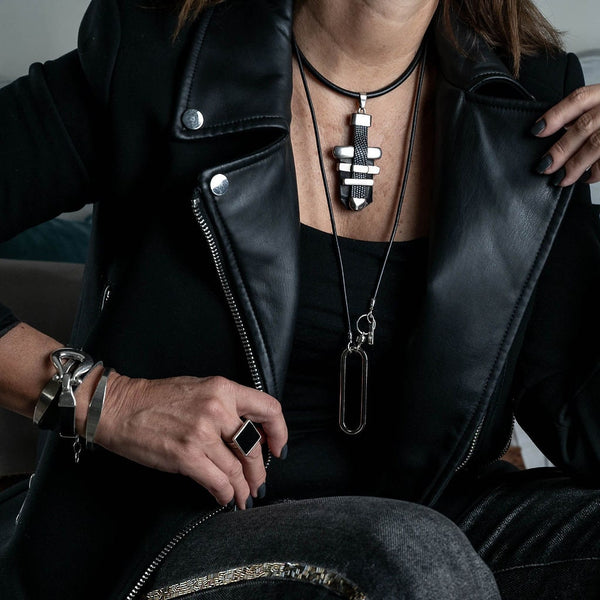 Statement black leather necklace with metal bars , Rock style leather and metal choker Necklace