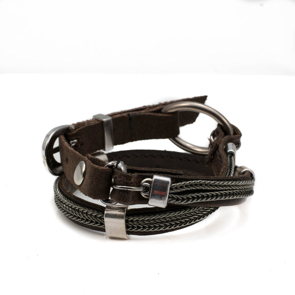 Men's double wrap bracelet with soft dark brown leather, gun metal chains and metal elements, bracelet for a strong look for men