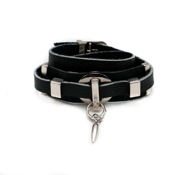 Edgy wrap-around black leather bracelet with silver-plated designs