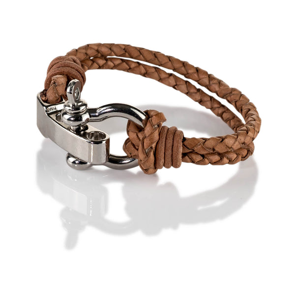 Natural Braided Leather Bracelet with an impressive Rhodium buckle for men, Men's leather bracelet with adjustable closure