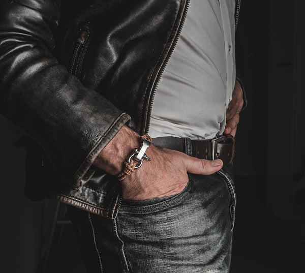 Natural Braided Leather Bracelet with an impressive Rhodium buckle for men, Men's leather bracelet with adjustable closure