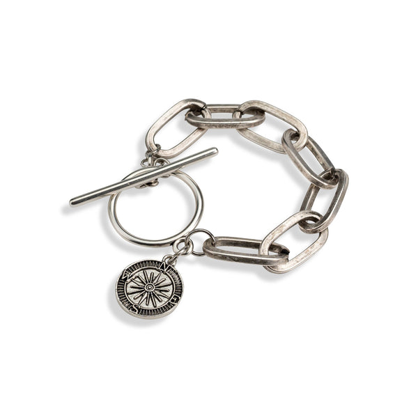 Chunky chain bracelet with coin, Bar closure silver chain