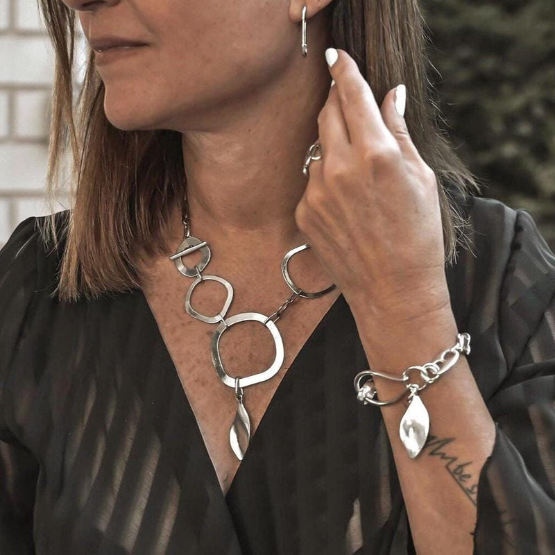 Edgy chic necklace and bracelet set, unique silver curb bracelet, stainless steel chain, classy bold abstract set, standout statement set