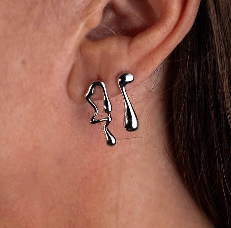 Asymmetric Lava Drop Earrings, Mismatched geometric design stud earrings, Dripping Silver Earrings