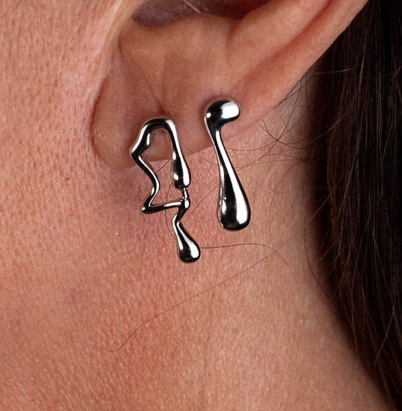 Asymmetric Lava Drop Earrings, Mismatched geometric design stud earrings, Dripping Silver Earrings