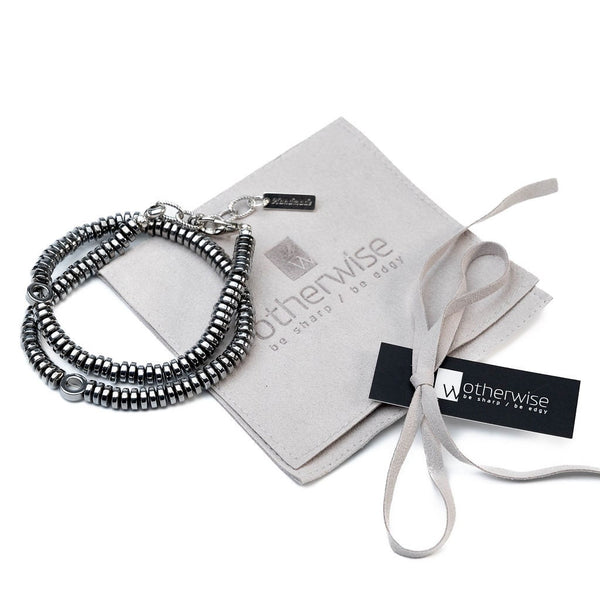 Edgy Hematite rock style bracelet, gemstone wrap layered bracelet