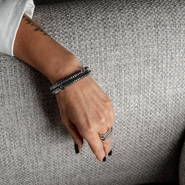 Edgy Hematite rock style bracelet, gemstone wrap layered bracelet