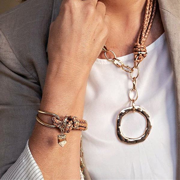 Thick gold metal and tan leather jewelry set, Chunky beige braided leather and gold metal necklace bracelet and ring