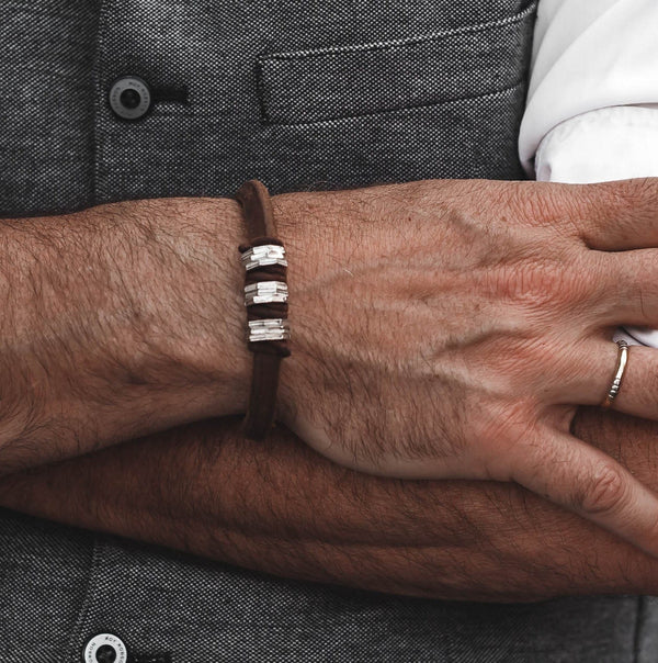 Men's rough brown leather bracelet with metal hex nuts for everyday wear, leather bracelet for men for a strong look, gift for him