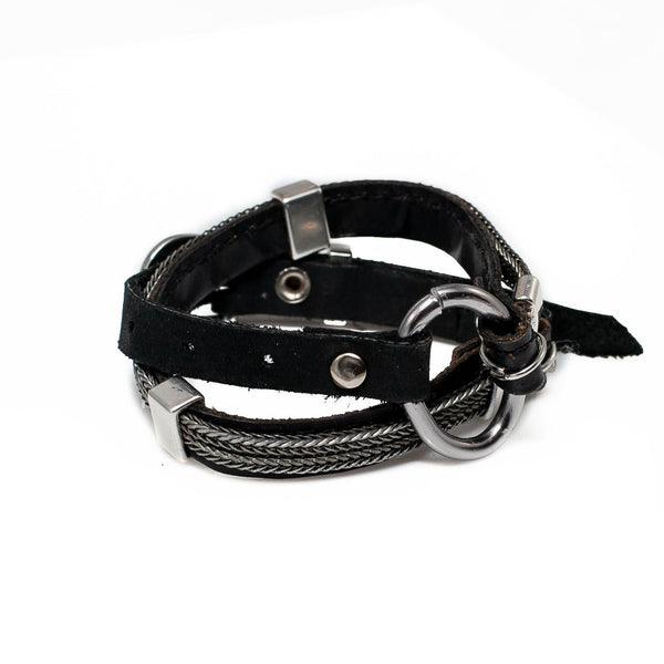 Wrap bracelet with black leather, iron chains and metal elements