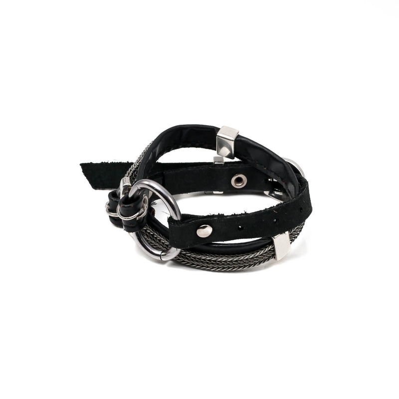 Wrap bracelet with black leather, iron chains and metal elements