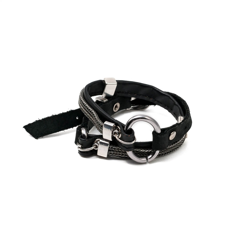 Wrap bracelet with black leather, iron chains and metal elements