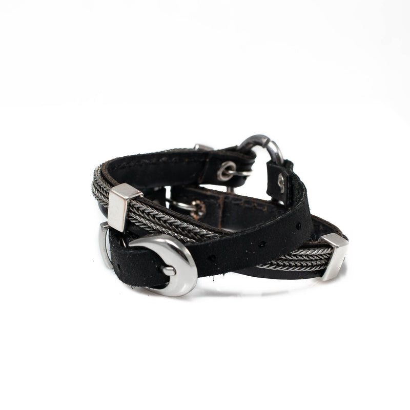 Wrap bracelet with black leather, iron chains and metal elements