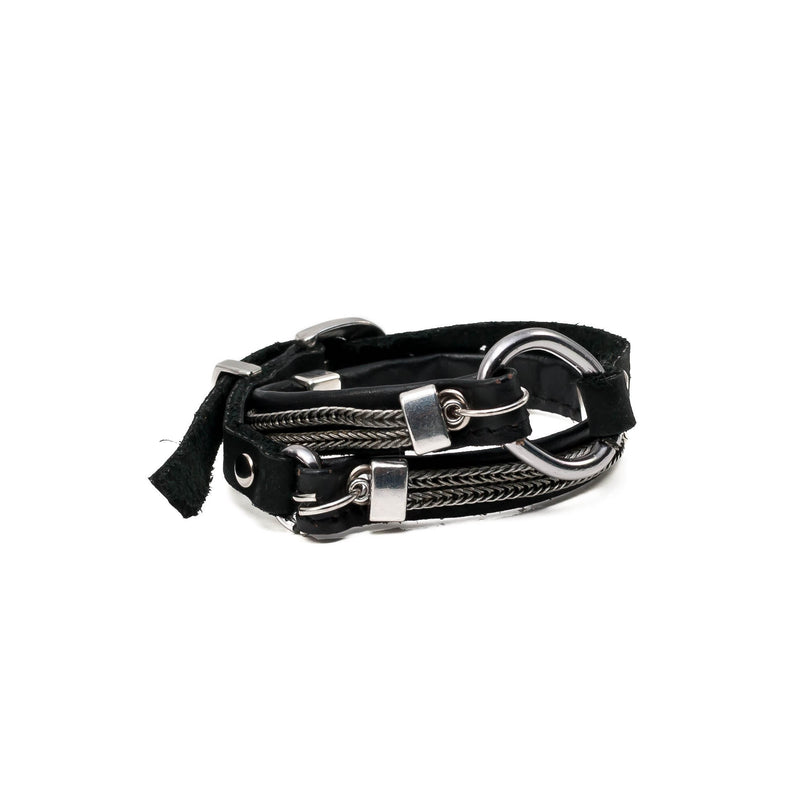 Wrap bracelet with black leather, iron chains and metal elements