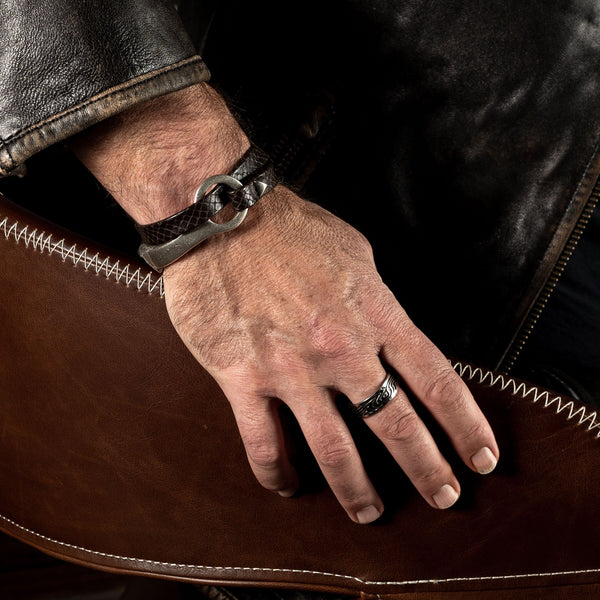 Men’s strong metal and leather bracelet, Unisex leather wrap bracelet, O-ring metal cuff bracelet