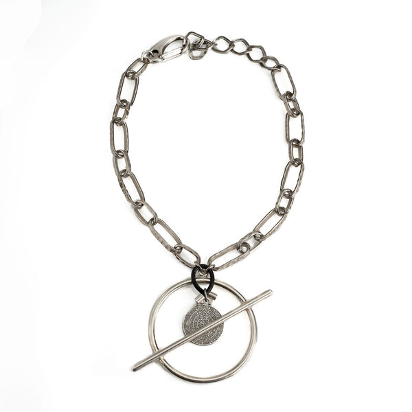 Chunky women's chain necklace with bar closure and coin pendant