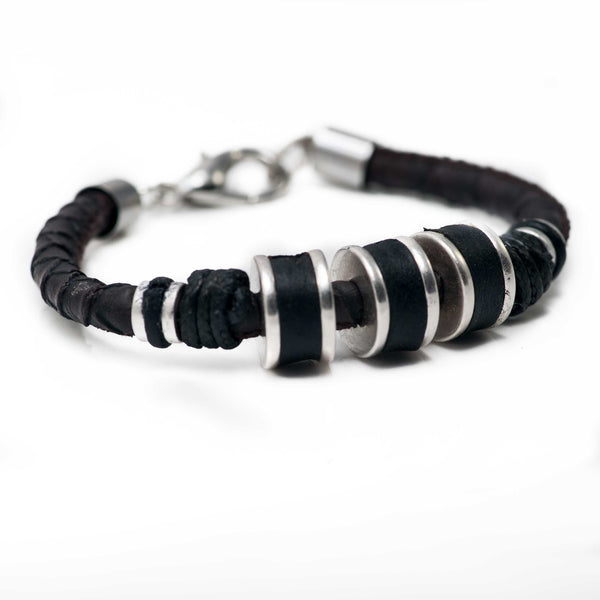 Men’s bracelet with strong silver-plated and leather elements on PU leather, unique man's bracelet, edgy dark brown leather bracelet for men