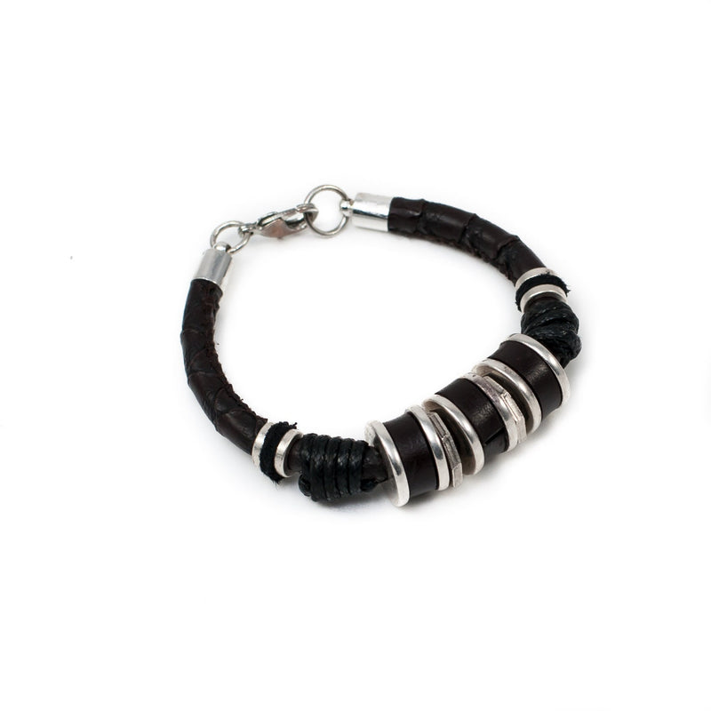 Men’s bracelet with strong silver-plated and leather elements on PU leather, unique man's bracelet, edgy dark brown leather bracelet for men