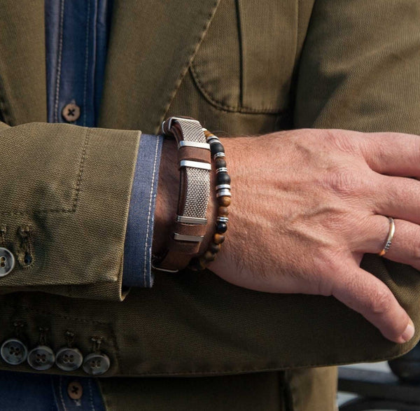 Men’s bracelet with flat silver chain on leather, unique tan leather bracelet for men, silver & leather bracelet for men, bracelet for men