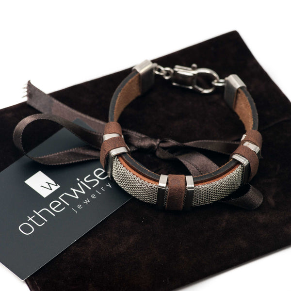 Men’s bracelet with flat silver chain on leather, unique tan leather bracelet for men, silver & leather bracelet for men, bracelet for men