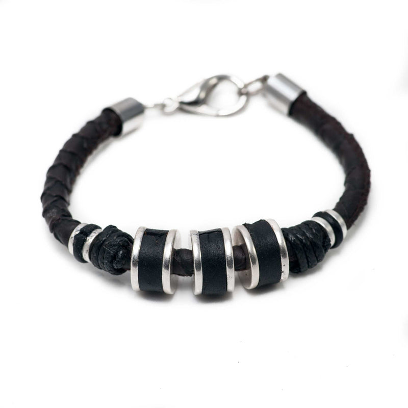 Men’s bracelet with strong silver-plated and leather elements on PU leather, unique man's bracelet, edgy dark brown leather bracelet for men