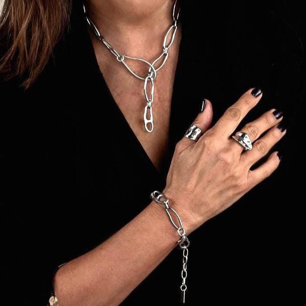 Unode50 style bracelet and necklace Set, Irregular unique chains designed to make a statement, Silver boho set, Unique high quality gift!