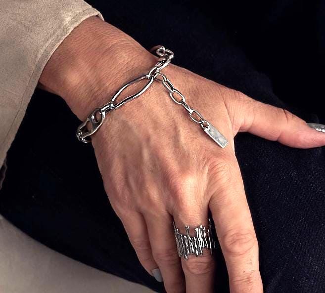 Unode50 style bracelet and necklace Set, Irregular unique chains designed to make a statement, Silver boho set, Unique high quality gift!