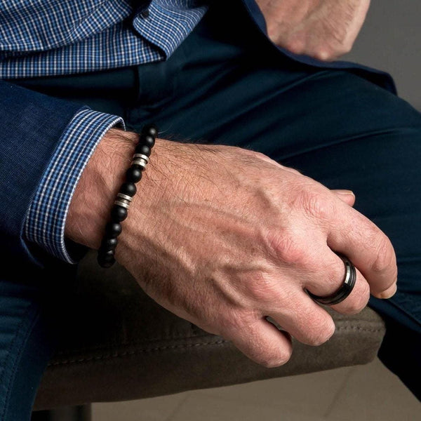 Black glass beaded bracelet with metal details for men