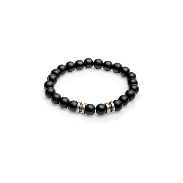 Black glass beaded bracelet with metal details for men