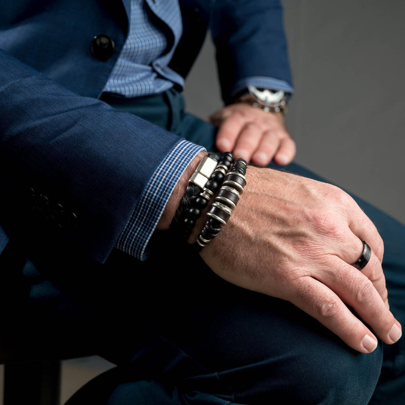 Black glass beaded bracelet with metal details for men