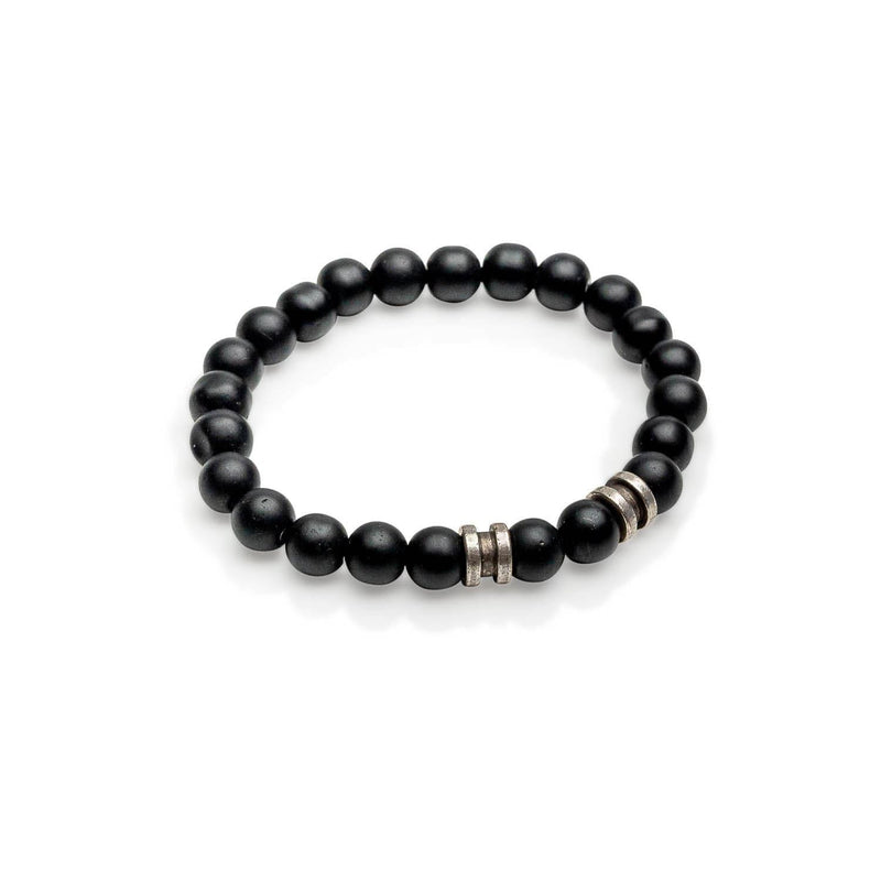 Black glass beaded bracelet with metal details for men