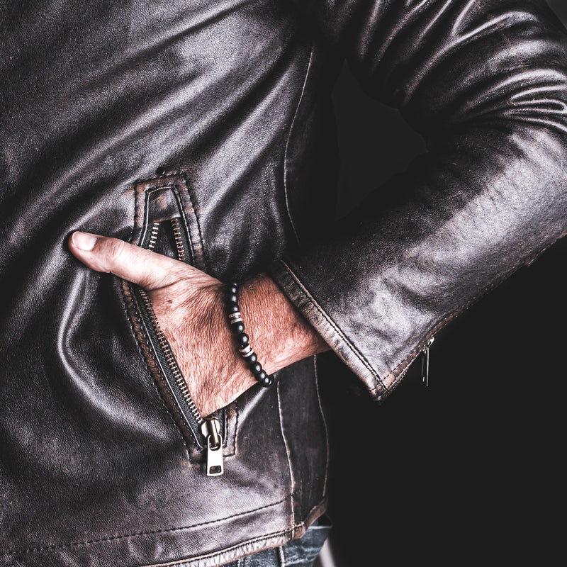 Black glass beaded bracelet with metal details for men