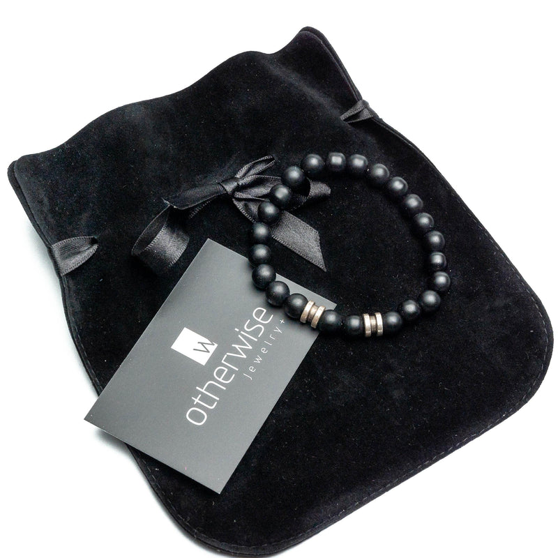 Black glass beaded bracelet with metal details for men