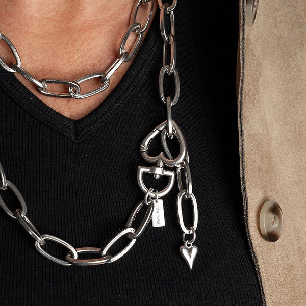Long Steel chain necklace with heart closure, Heavy link chain worn once or twice around neck for a statement look, Edgy double wrap chain