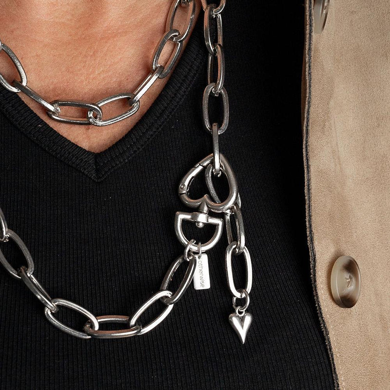 Long Steel chain necklace with heart closure, Heavy link chain worn once or twice around neck for a statement look, Edgy double wrap chain