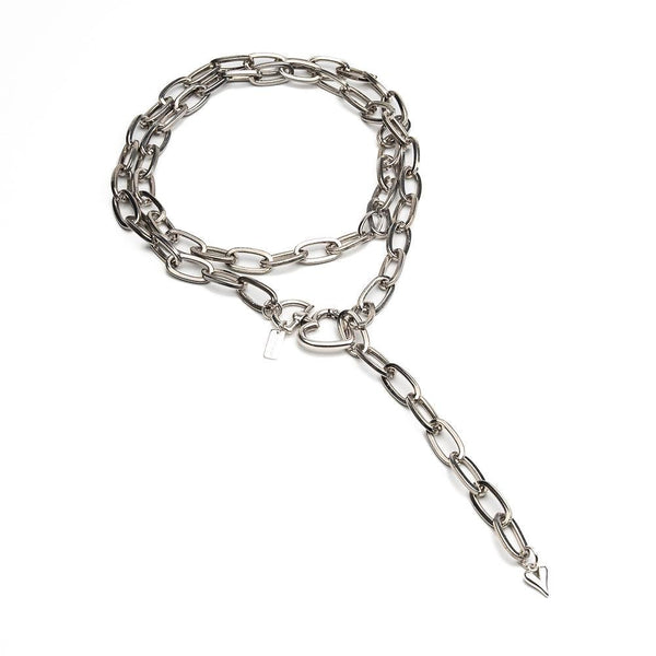 Long Steel chain necklace with heart closure, Heavy link chain worn once or twice around neck for a statement look, Edgy double wrap chain