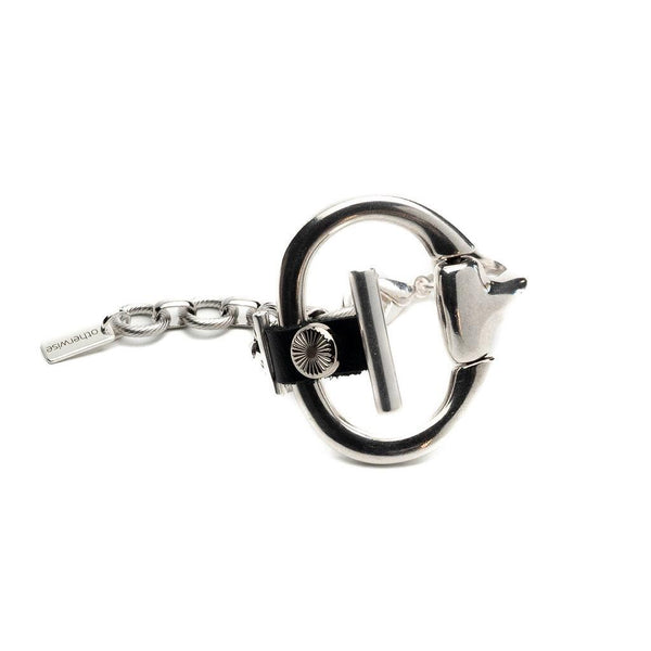 Standout black leather and horsebit metal, Equestrian cuff bracelet, Unode50 style bracelet, Chunky brutalist jewelry