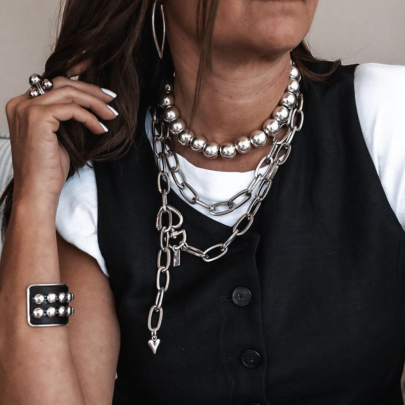 Long Steel chain necklace with heart closure, Heavy link chain worn once or twice around neck for a statement look, Edgy double wrap chain