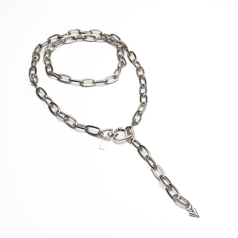 Long Steel chain necklace with heart closure, Heavy link chain worn once or twice around neck for a statement look, Edgy double wrap chain