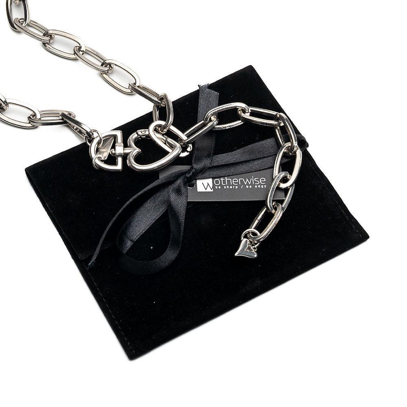 Long Steel chain necklace with heart closure, Heavy link chain worn once or twice around neck for a statement look, Edgy double wrap chain